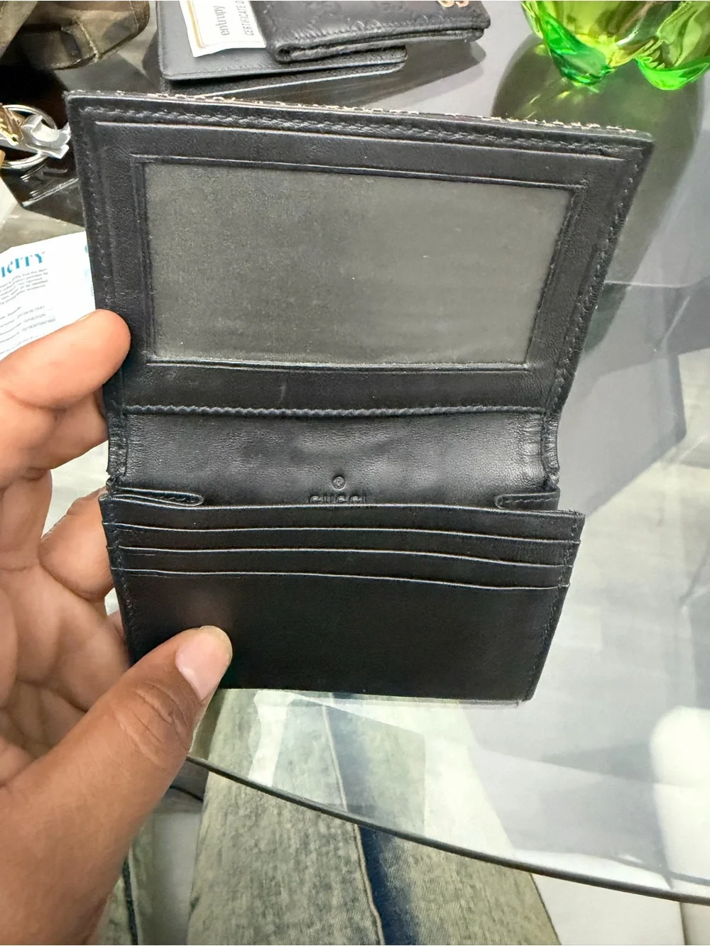 Gucci Brown GG Monogram Canvas Card Sleeve with Black Elastic Strap